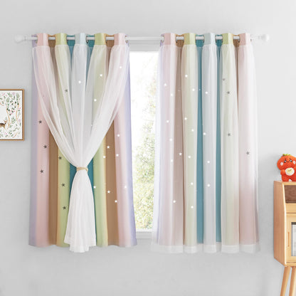 NICETOWN Nursery Curtains for Kids, Farmhouse Blackout Curtain Panels for Bedroom, Double Layer Star Hollow-Out Grommet Aesthetic Living Room Toddler Window Curtains, 2 Pcs, W52 x L84, Biscotti Beige
