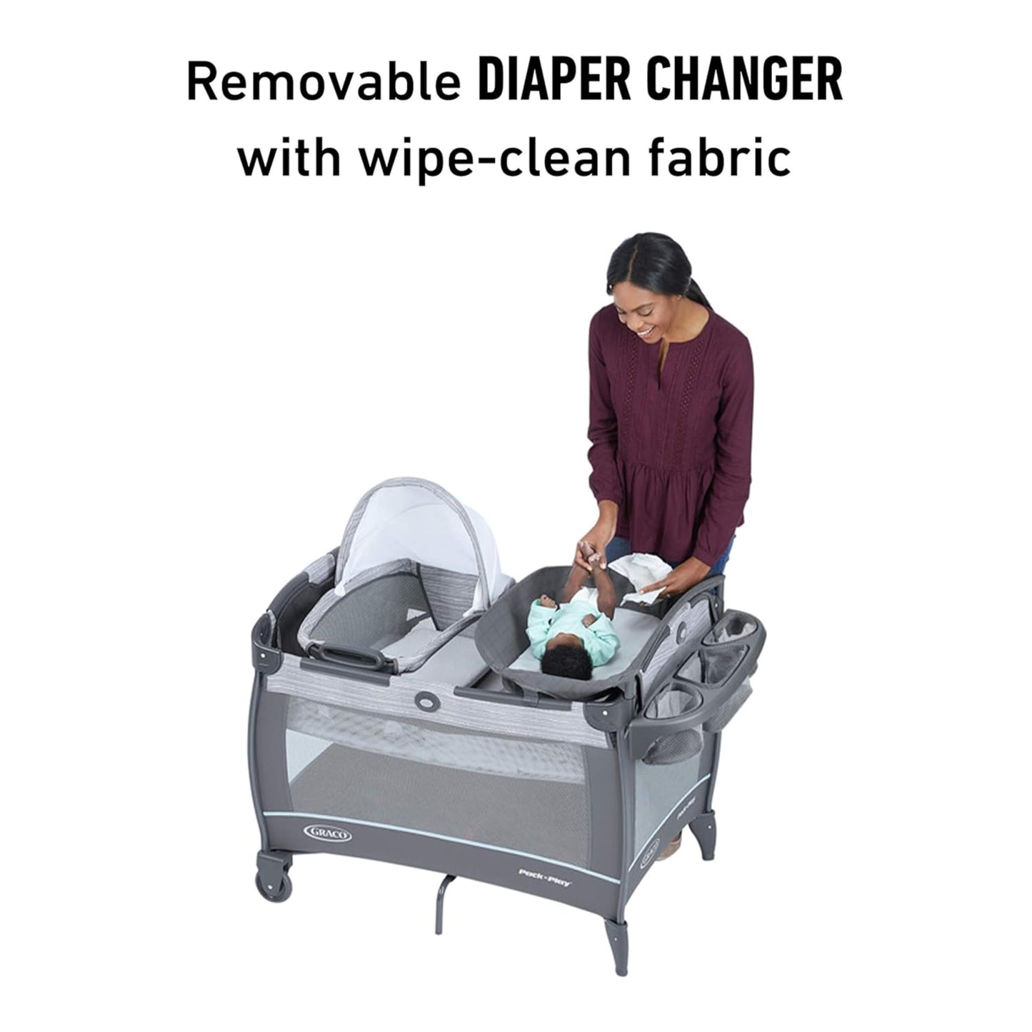 Graco On The Go Zip Pack ‘n Play Playard, Folding Playpen with Bassinet, Portable Crib, Reeves