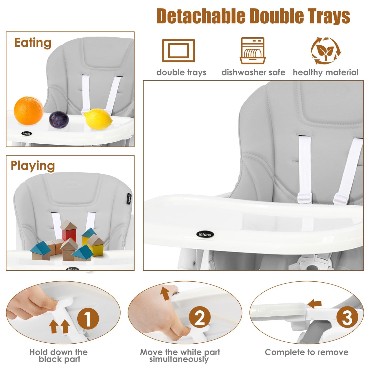 INFANS High Chair for Babies & Toddlers, Foldable Highchair with Multiple Adjustable Backrest, Footrest and Seat Height, Removable Tray, Detachable PU Leather Cushion, Built-in Rear Wheels (Black)