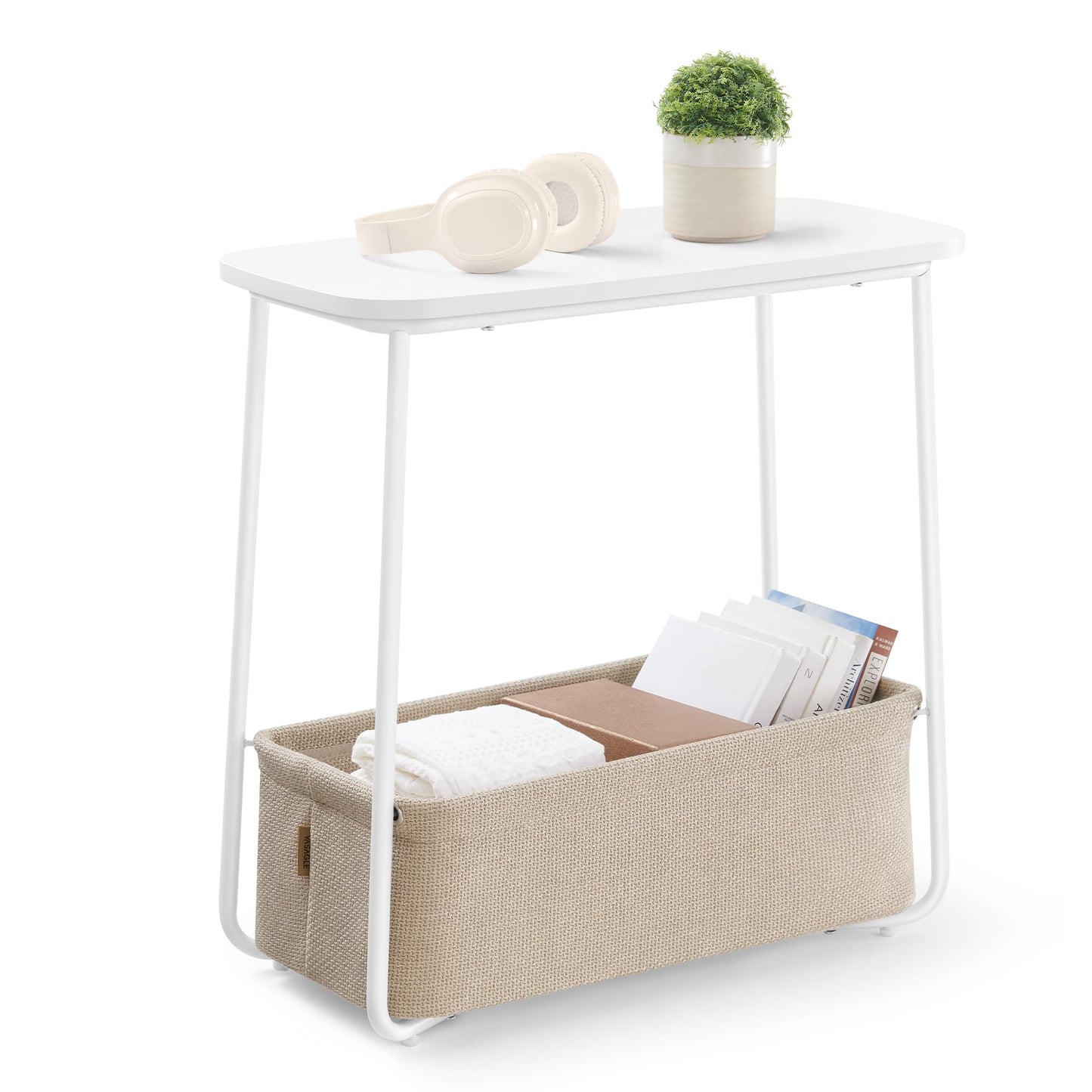 VASAGLE End Table, Small Bedside Table with Fabric Basket, Modern Nightstand, Round Side Table, for Living Room, Bedroom, Matte White and Camel Brown ULET223W10