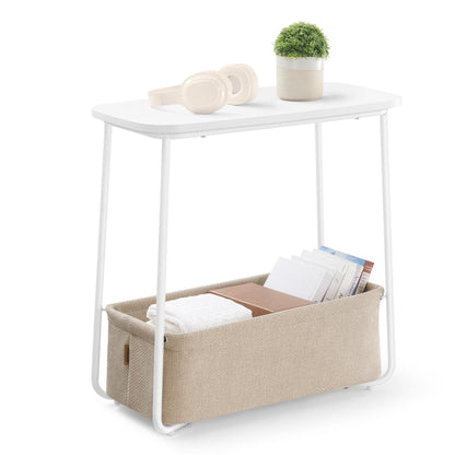 VASAGLE End Table, Small Bedside Table with Fabric Basket, Modern Nightstand, Round Side Table, for Living Room, Bedroom, Matte White and Camel Brown ULET223W10