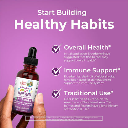 MaryRuth Organics Toddler Elderberry Syrup, USDA Organic Elderberry, Sugar Free Kids Immune Support Supplement for Ages 1-3 Years, Clean Label Project Verified®, Vegan, Non-GMO, Gluten Free, 1 Fl Oz