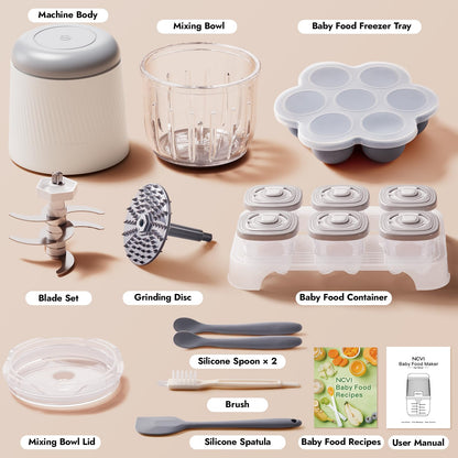 NCVI Puree Baby Food Processor Glass Set, Mini Infant Food Maker Blender Machine with 8 Blades and Grinding Disc, Small Blender for Baby Food Including Containers, Silicone Tray and Tableware