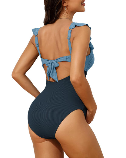 Charmo Ruffle Maternity Bathing Suits for Women Ribbed Tie Knot Maternity Swimsuit Cutout Ruched Pregnancy Swimwear
