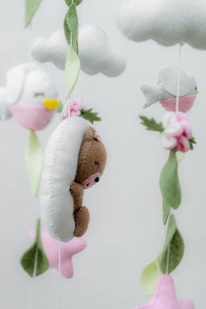 Girl Teddy Bear Mobile for Crib, Felt Ball Mobile Bear Crib Mobile Pink Bear Baby Shower, Gift Baby Nursery Decor Kids Mobile, Bear Stars Bird Mobile Mobile arm is NOT Included