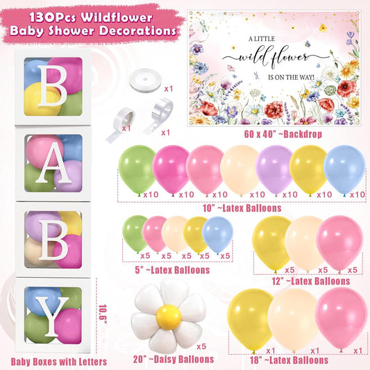 Wildflower Baby Shower Decorations for Girl, Balloon Boxes with Letters, Daisy Balloon Arch, Backdrop, Foil Balloon, Floral Birthday Party Girl Baby Shower Decorations