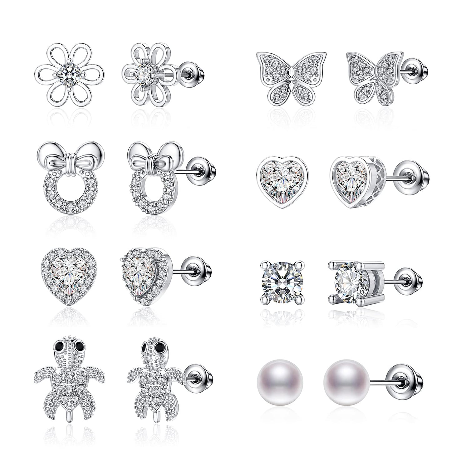 TOPBRIGHT 8 Pairs Hypoallergenic Earrings 925 Sterling Silver Stud Earrings White Heart CZ Tiny Butterfly For Kids, Toddlers, Little Girls, Teens, Women