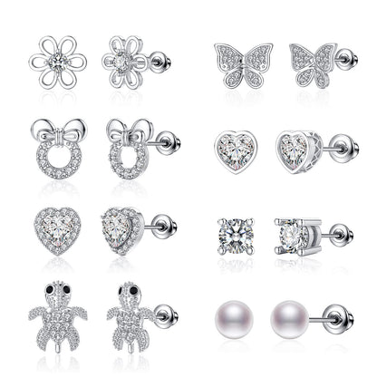 TOPBRIGHT 8 Pairs Hypoallergenic Earrings 925 Sterling Silver Stud Earrings White Heart CZ Tiny Butterfly For Kids, Toddlers, Little Girls, Teens, Women
