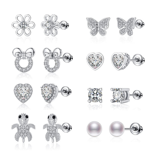 TOPBRIGHT 8 Pairs Hypoallergenic Earrings 925 Sterling Silver Stud Earrings White Heart CZ Tiny Butterfly For Kids, Toddlers, Little Girls, Teens, Women