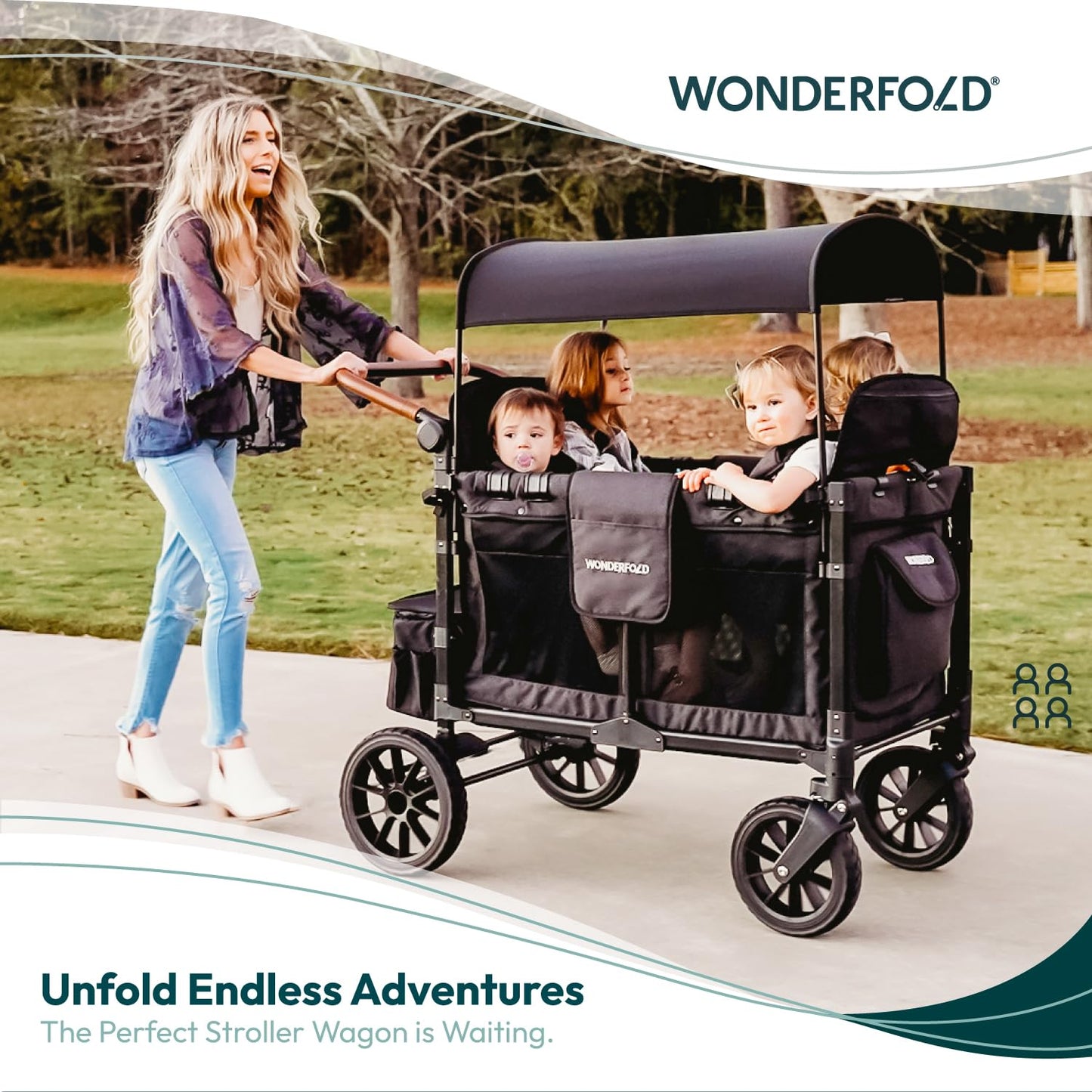 WONDERFOLD W4 Luxe Quad Stroller Wagon Featuring 4 High Face-to-Face Seats with Magnetic Buckle 5-Point Harnesses and Adjustable/Removable UV-Protection Canopy, Hunter Green
