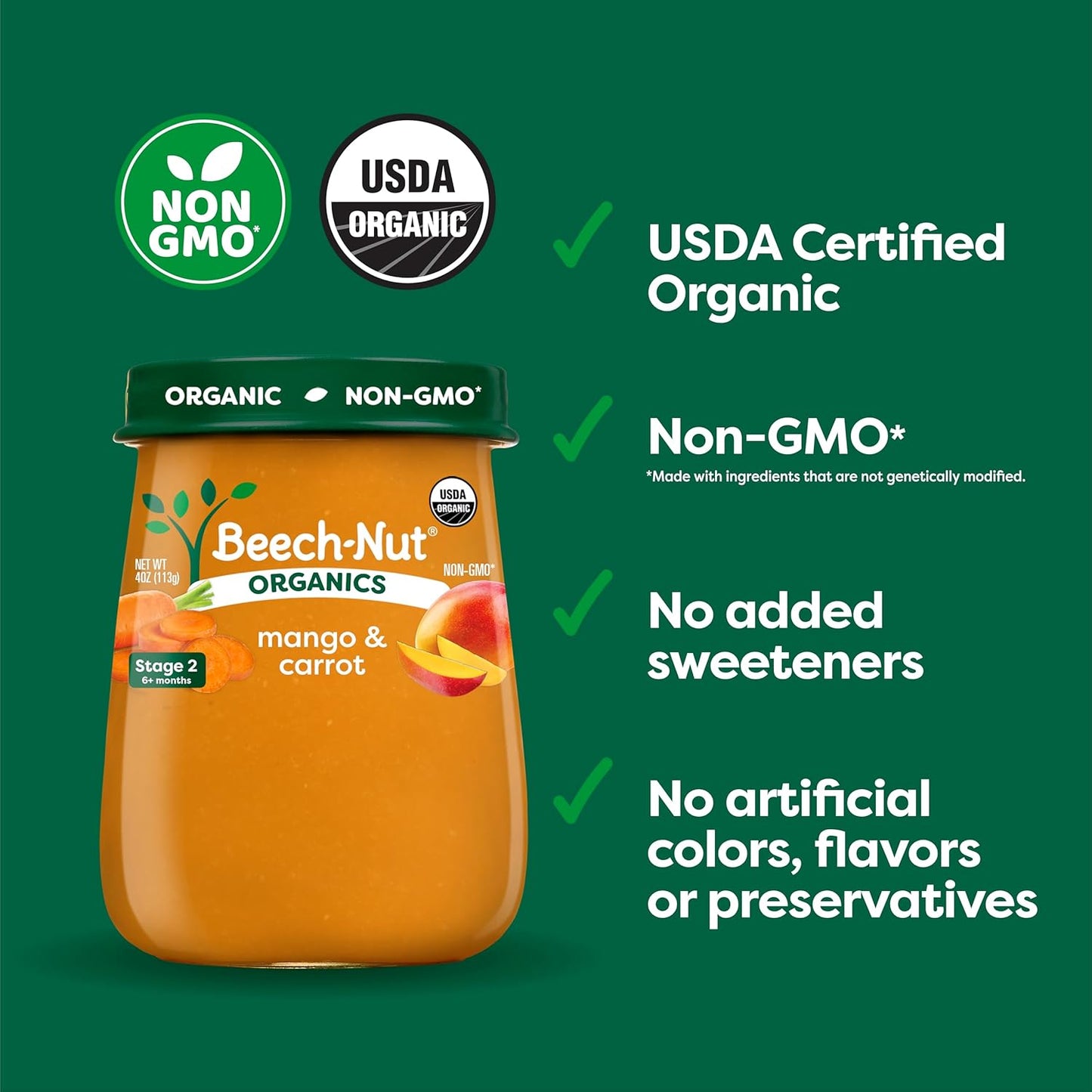 Beech-Nut Organics Stage 2 Organic Baby Food, Mango & Carrot, 4oz Jar (10 Pack)