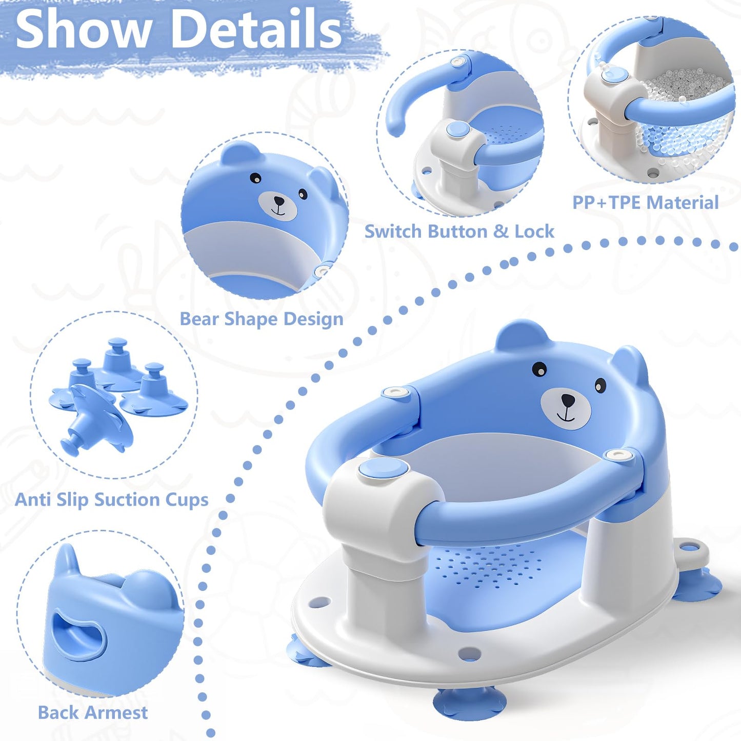 Baby Bath Seat for Babies 6 Months & Up, Toddler Bath Seats for Babies Sitting Up, Non-Slip Infant Bath Tub Chair with 4 Suction Cups & Soft Cushion for Shower, Compact Toddler Bathtub Seat, Pink