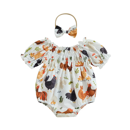 FIOMVA Summer Chicken Baby Clothes Newborn Baby Girl Farm Outfit Toddler Short Sleeve Bubble Romper Infant Bodysuit