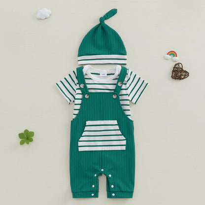 Newborn Baby Boy Summer Clothes Stripe Short Sleeve Romper Suspender Pants Hat 3Pcs Set Cute Coming Home Outfit