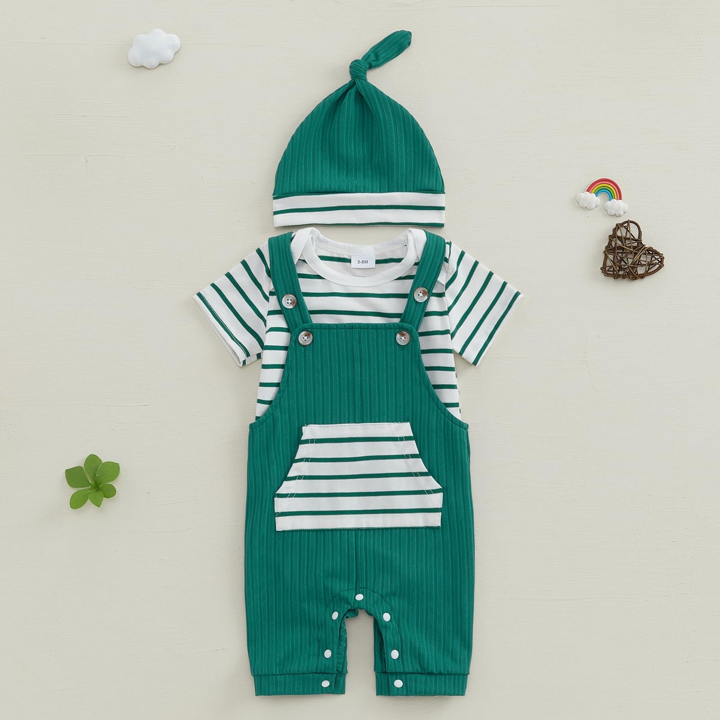 Newborn Baby Boy Summer Clothes Stripe Short Sleeve Romper Suspender Pants Hat 3Pcs Set Cute Coming Home Outfit