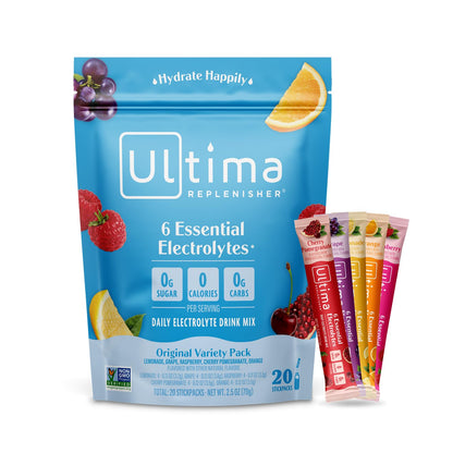 Ultima Replenisher Daily Electrolyte Powder Drink Mix – Tropical Variety, 20 Stickpacks – Hydration Packets with 6 Electrolytes and Minerals – Keto Friendly, Non-GMO and Sugar-Free