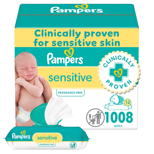 Pampers Sensitive Baby Wipes, Water Based, Hypoallergenic and Unscented, 8 Flip-Top Packs, 4 Refill Packs (1008 Wipes Total)