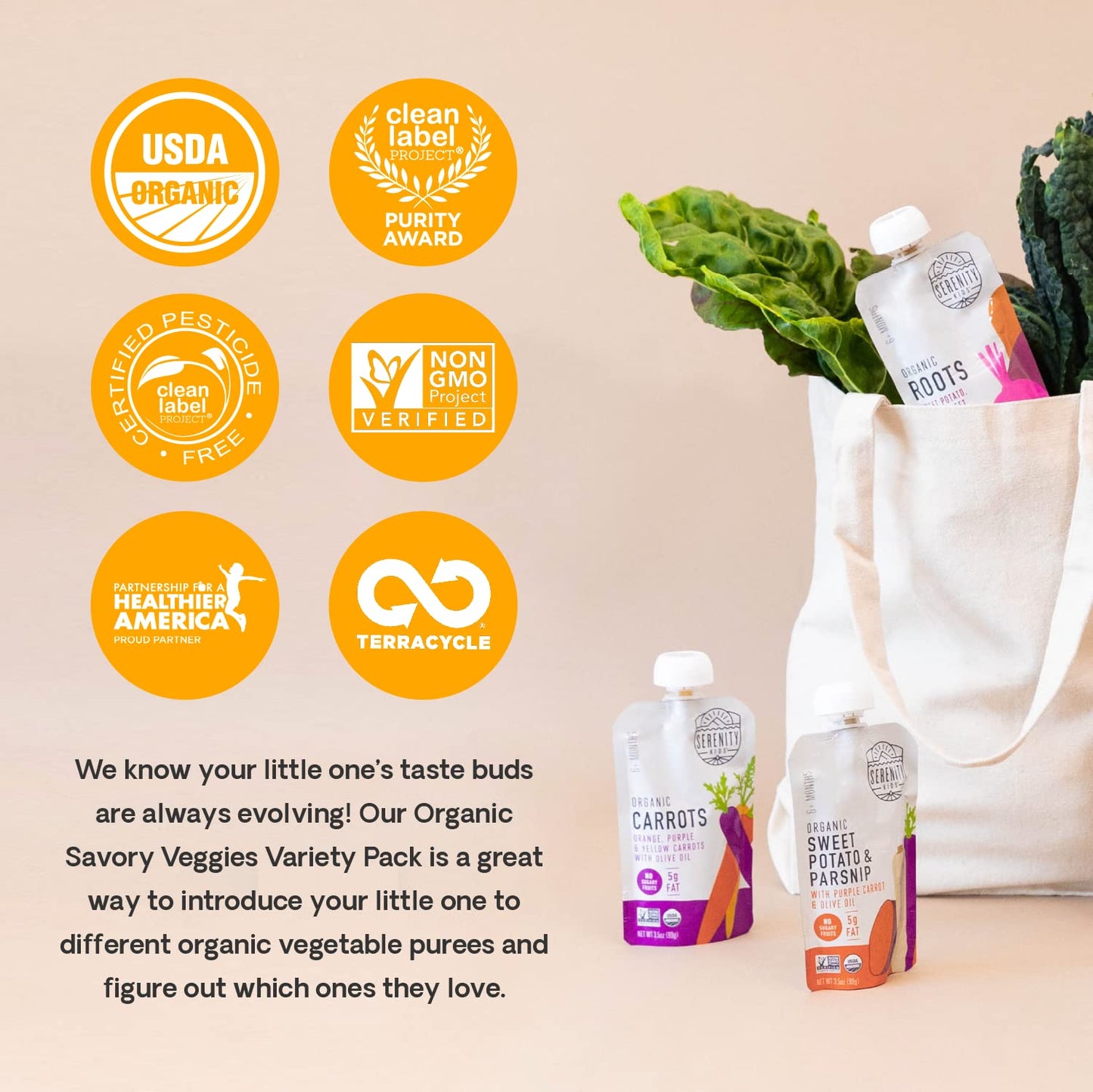 Serenity Kids 6+ Months Baby Food Pouches - Puree with Ethically Sourced Meat & Organic Veggies - 3.5 Ounce BPA-Free Pouch - Variety Pack, 8 Count - Baby Food Meat
