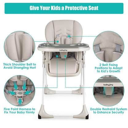 BABY JOY Convertible High Chair for Babies & Toddlers, Height Adjustable, Grow & Go High Chair w/Recline & Footrest, Removable Double Tray, Portable Baby Dinning Chair with Wheels (Beige)