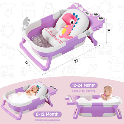 MoreFeel Collapsible Baby Bathtub for Newborn with Thermometer & 1 Hooded Towel & 1 Soft Floating Cushion,Portable Travel Bathtub with Drain Hole, Durable Foldable Baby Tubs for Infants to Toddler