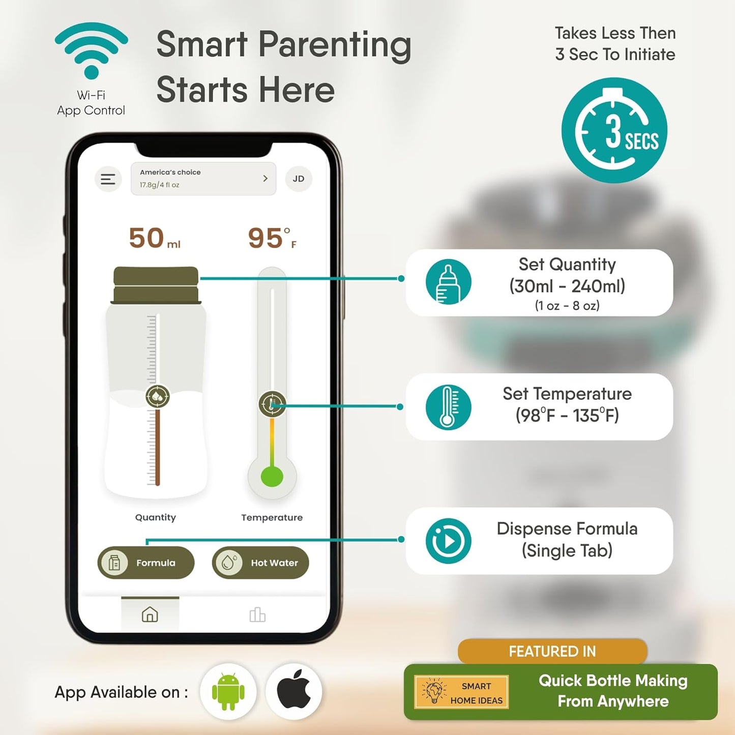 Formula Maker Machine - Accurate WiFi Formula Dispenser with Inbuilt Sensors to Prevent Malnutrition - Instant Heating & Automatic Mixing - Quick Warm Bottle W/Free Mobile App