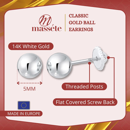 MASSETE Gold Ball Stud Earrings for Women and Girls Screwback | 10k, 14k, 18k | White Yellow or Rose Gold | 3mm 4mm 5mm | Nickel Free