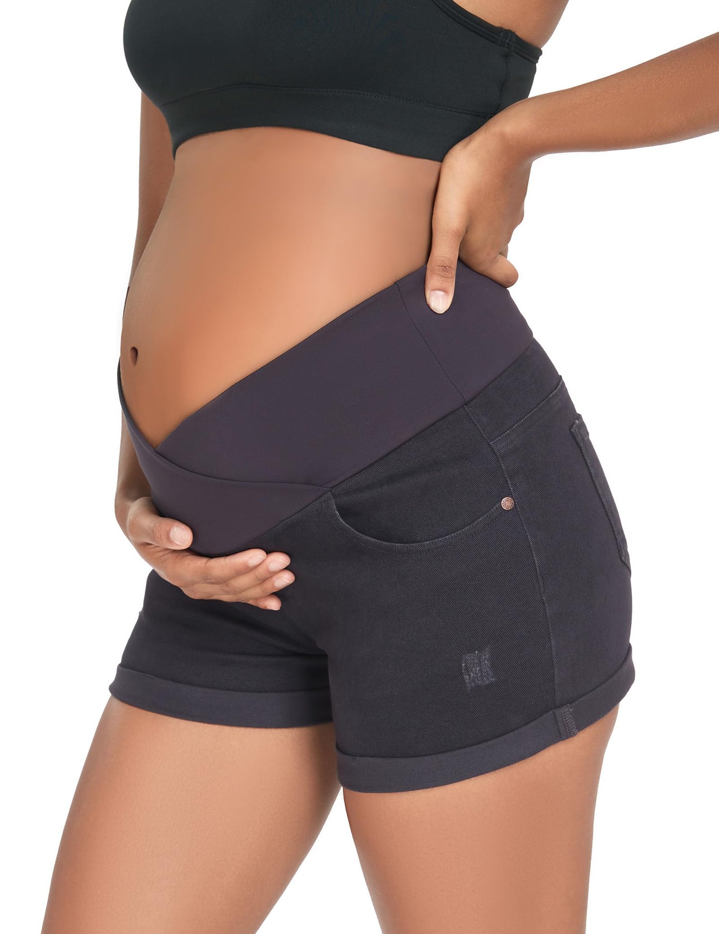 HOFISH Women's Maternity Jeans Shorts Over The Belly Stretchy Comfy Denim Shorts Pants Casual Workout Pregnancy Shorts