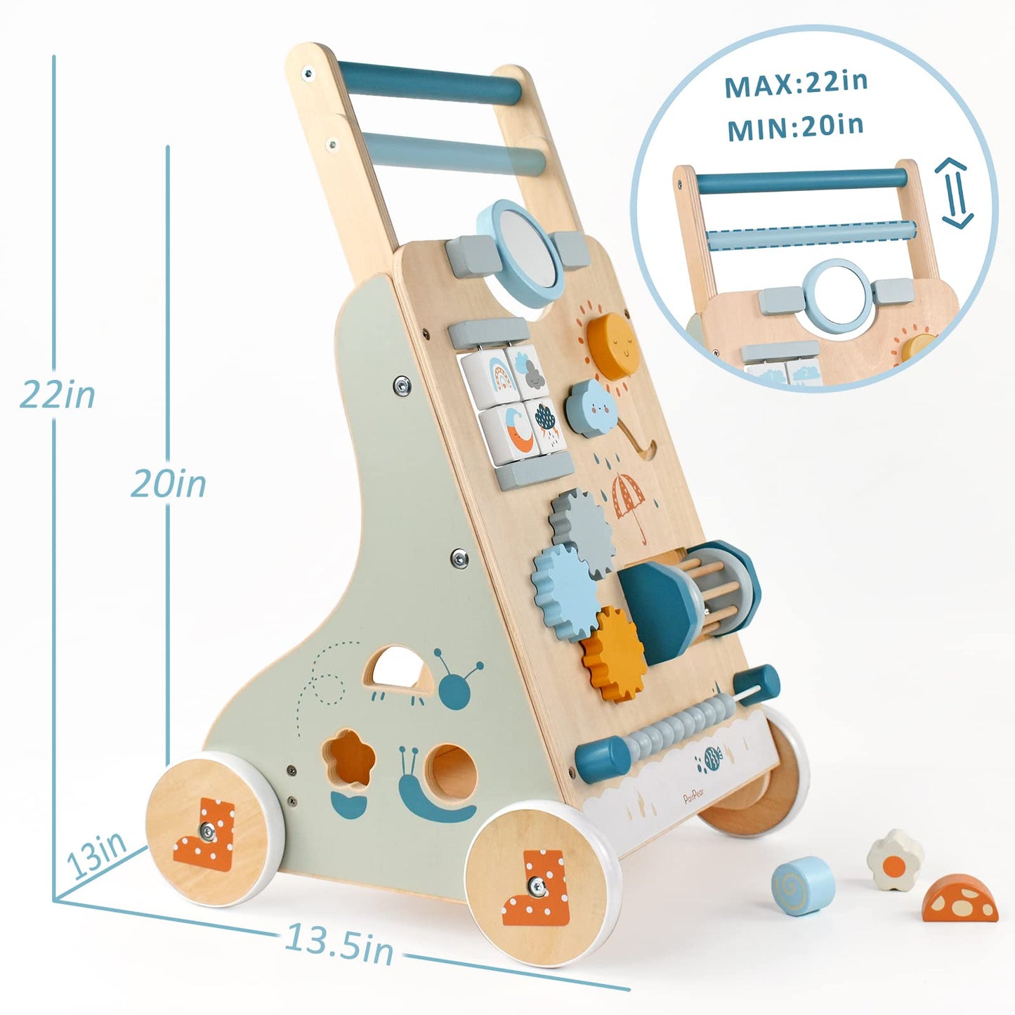 PairPear Wooden Baby Walker, Baby Push Walker, Montessori Walker Toy with Activity Center for Girls Boys, Adjustable Speed Baby Walker for Kids Development