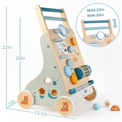 PairPear Wooden Baby Walker, Baby Push Walker, Montessori Walker Toy with Activity Center for Girls Boys, Adjustable Speed Baby Walker for Kids Development