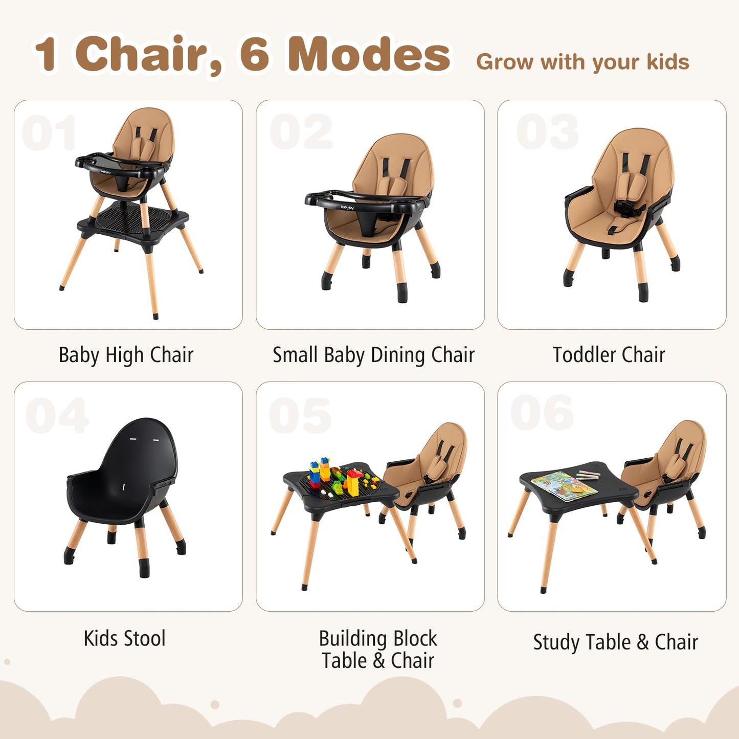 BABY JOY 6 in 1 High Chair, Convertible High Chairs for Babies and Toddlers/Booster Seat/Table and Chair Set, Infant Wooden Highchair w/ 5-Point Harness, 4-Position Removable Tray & PU Cushion, Coffee