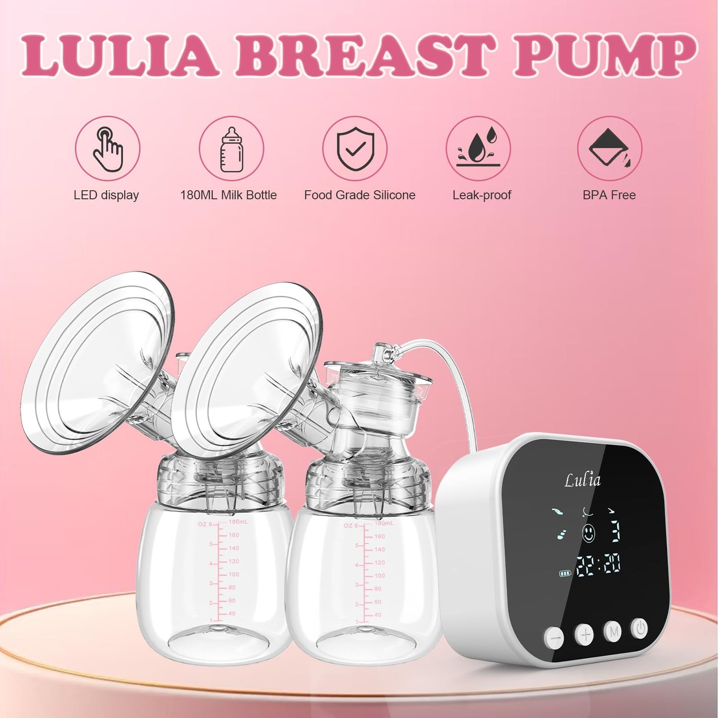 Lulia Double Electric Breast Pump Strong Suction, Portable Breast Pump Electric Breastfeeding Pump, Rechargeable Milk Pump with 4 Modes & 9 Levels, Low Noise, Anti-Backflow & LED Display, 24mm Flange