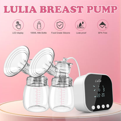 Lulia Double Electric Breast Pump Strong Suction, Portable Breast Pump Electric Breastfeeding Pump, Rechargeable Milk Pump with 4 Modes & 9 Levels, Low Noise, Anti-Backflow & LED Display, 24mm Flange