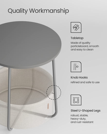 VASAGLE End Table, Small Bedside Table with Fabric Basket, Modern Nightstand, Round Side Table, for Living Room, Bedroom, Matte White and Camel Brown ULET223W10