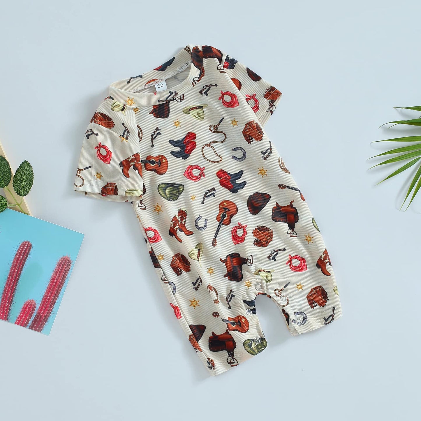 Gueuusu Country Baby Clothes Boy Girl Western Cow Print Short Sleeve Romper Bodysuit Ribbed One Piece Jumpsuit Summer Outfit
