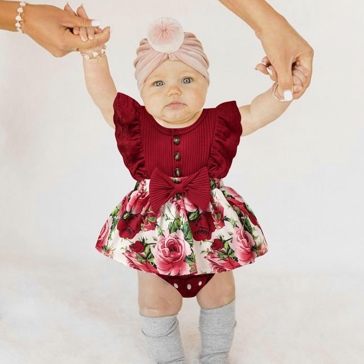 Sinhoon Baby Girl Clothes Newborn Ruffled Sleeveless Romper Floral Dreesy Bodysuit Heaedband 3pcs Baby Girl Summer Clothes