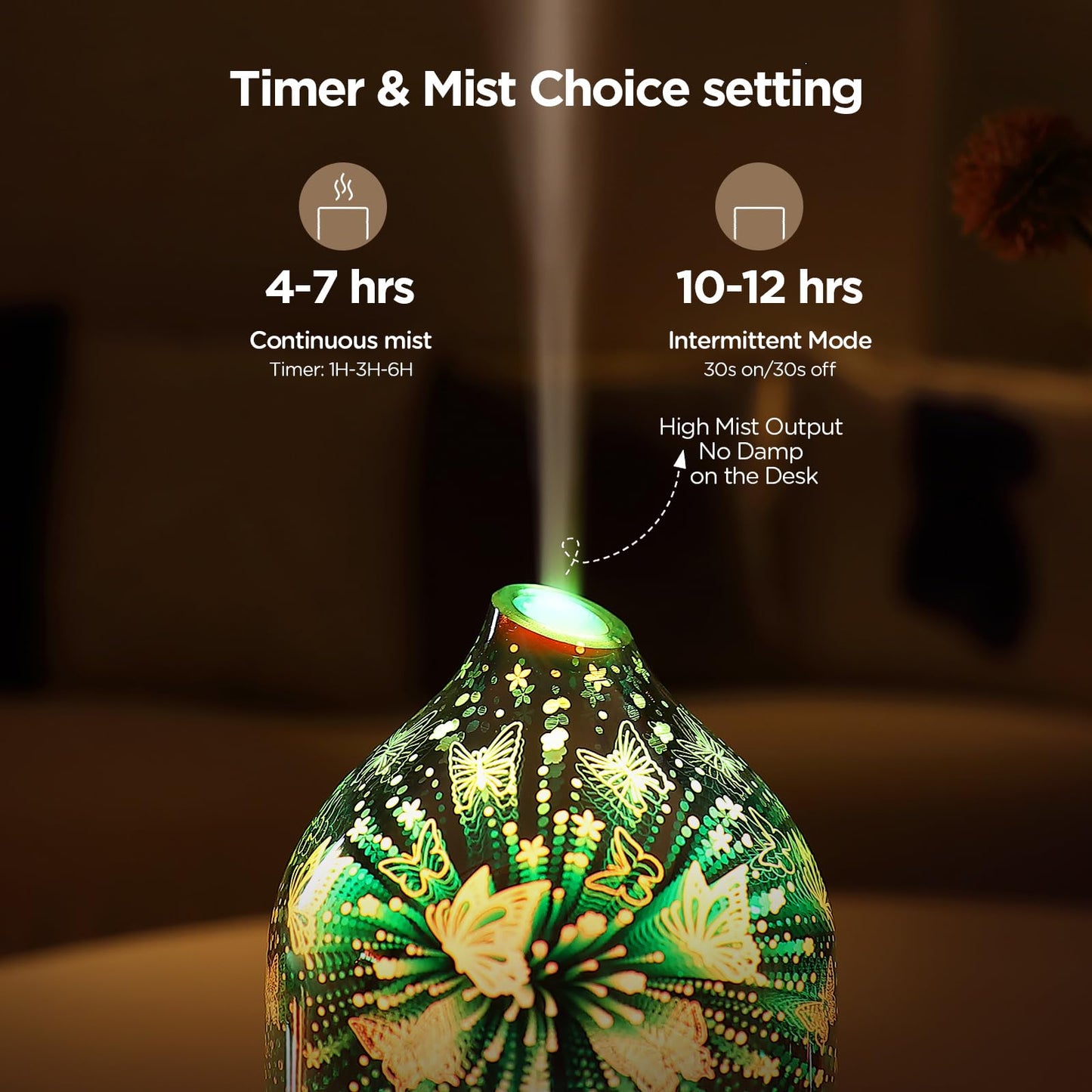 Essential Oil Diffuser Hand Blown Glass Aromatherapy Diffuser - Ultrasonic Cool Mist Scent Aroma Diffuser, Whisper Quiet with Auto Shut-Off, Timer Setting &7 Colors Night Light for Home