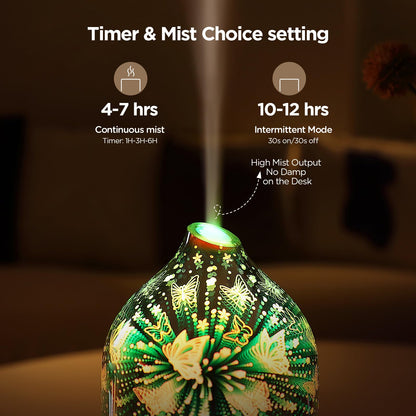 Essential Oil Diffuser Hand Blown Glass Aromatherapy Diffuser - Ultrasonic Cool Mist Scent Aroma Diffuser, Whisper Quiet with Auto Shut-Off, Timer Setting &7 Colors Night Light for Home