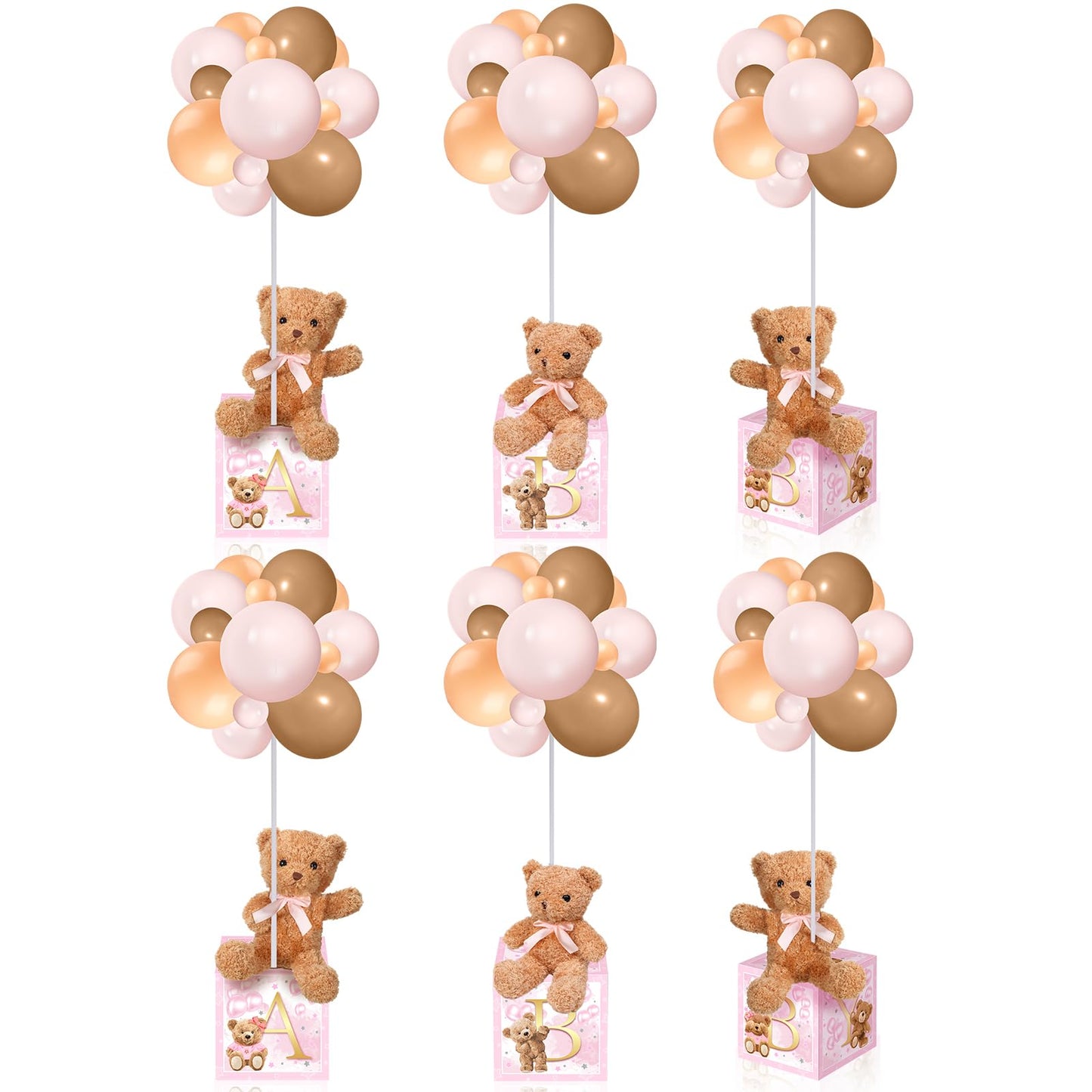 Lenwen 6 Sets Pink Bear Decorations for Baby Shower, Baby Letter Boxes Baby Shower Table Centerpieces Bear Stuffed Animals Balloon with Stand Bear Plush Toy Baby Boxes for Birthday Party Wedding