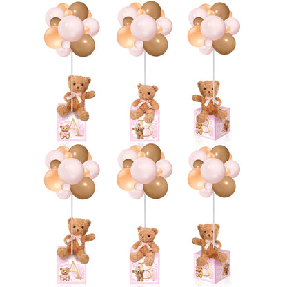 Lenwen 6 Sets Pink Bear Decorations for Baby Shower, Baby Letter Boxes Baby Shower Table Centerpieces Bear Stuffed Animals Balloon with Stand Bear Plush Toy Baby Boxes for Birthday Party Wedding