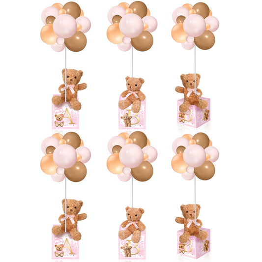 Lenwen 6 Sets Pink Bear Decorations for Baby Shower, Baby Letter Boxes Baby Shower Table Centerpieces Bear Stuffed Animals Balloon with Stand Bear Plush Toy Baby Boxes for Birthday Party Wedding