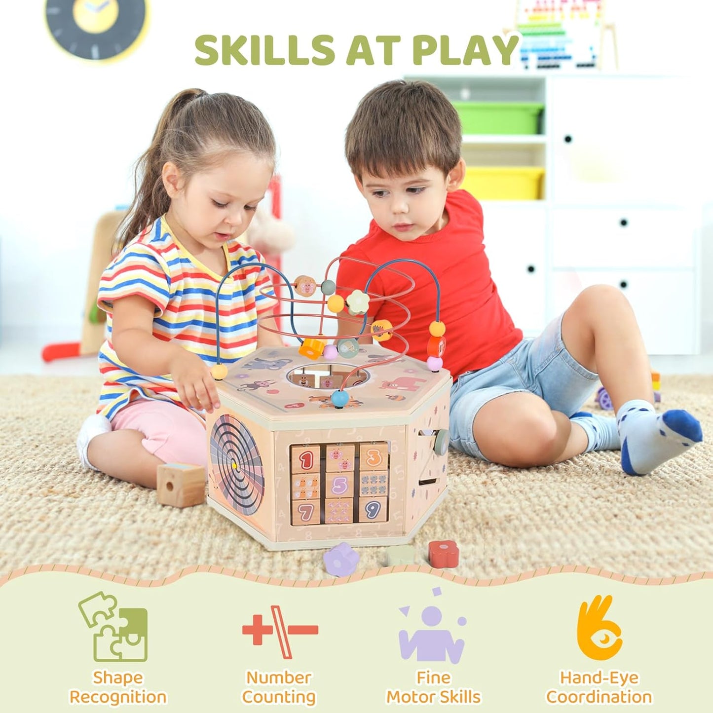 Large Wooden Activity Cube for Toddlers, 9 in 1 Educational Baby Activity Cube, Montessori Toys for 1+ Year Old Boys & Girls, Cute Zoo Theme Baby Cube Toy Sorting & Stacking Game, 1st Birthday Gift