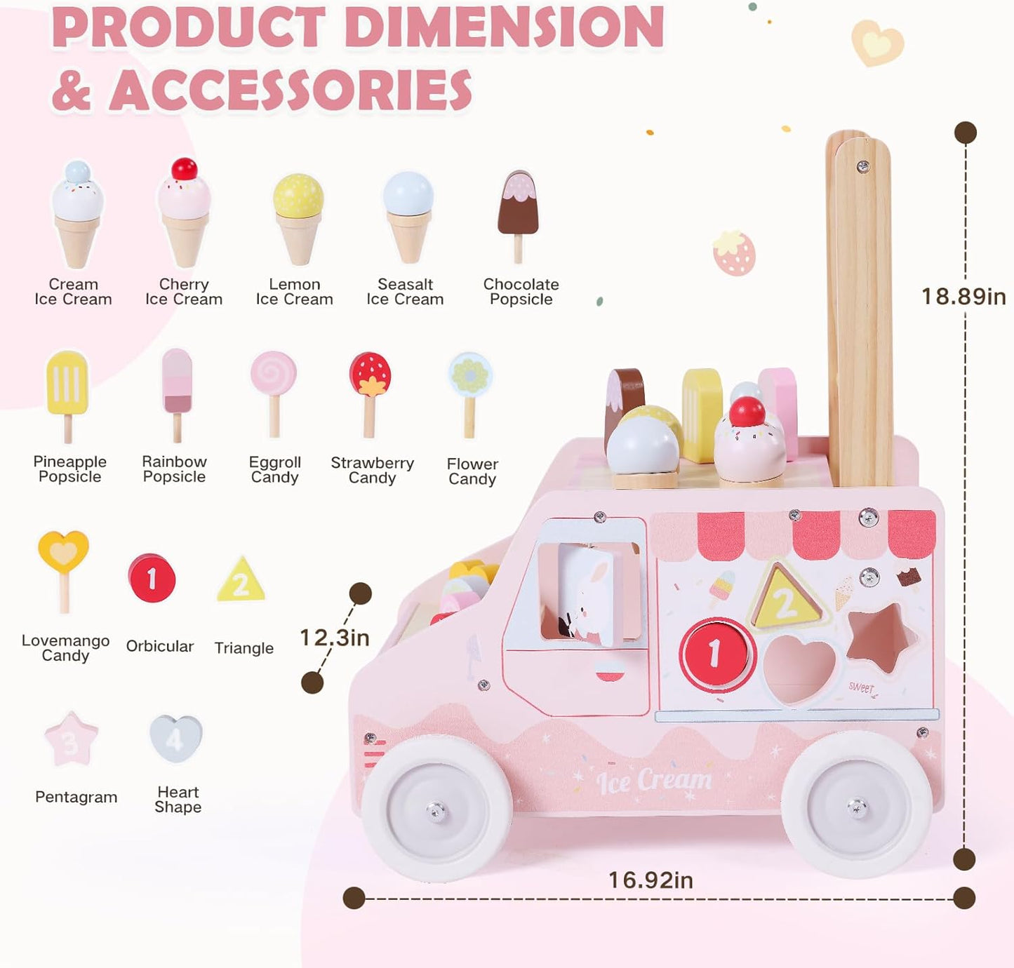 labebe Wooden Baby Walker, Push Activity Walker for Kids 12M+, Multifunctional Ice Cream Cart Activity, Adjustable Speed Learning Walking with Wheels, Birthday Gift for Girls Boys Ages 1-3 (Pink)