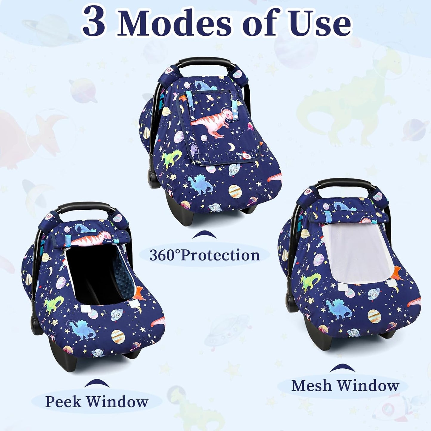 Baby Car Seat Cover Winter, Windproof Blue Carseat Covers for Newborn with 2 Layers Window, Dinosaurs Infant Car Seat Canopy for Boys with Minky Dot Backing, Keeps Babies Warm and Cozy