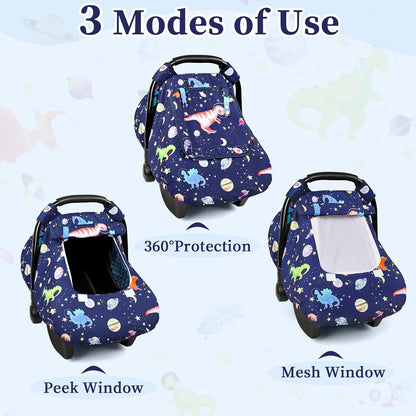 Baby Car Seat Cover Winter, Windproof Blue Carseat Covers for Newborn with 2 Layers Window, Dinosaurs Infant Car Seat Canopy for Boys with Minky Dot Backing, Keeps Babies Warm and Cozy