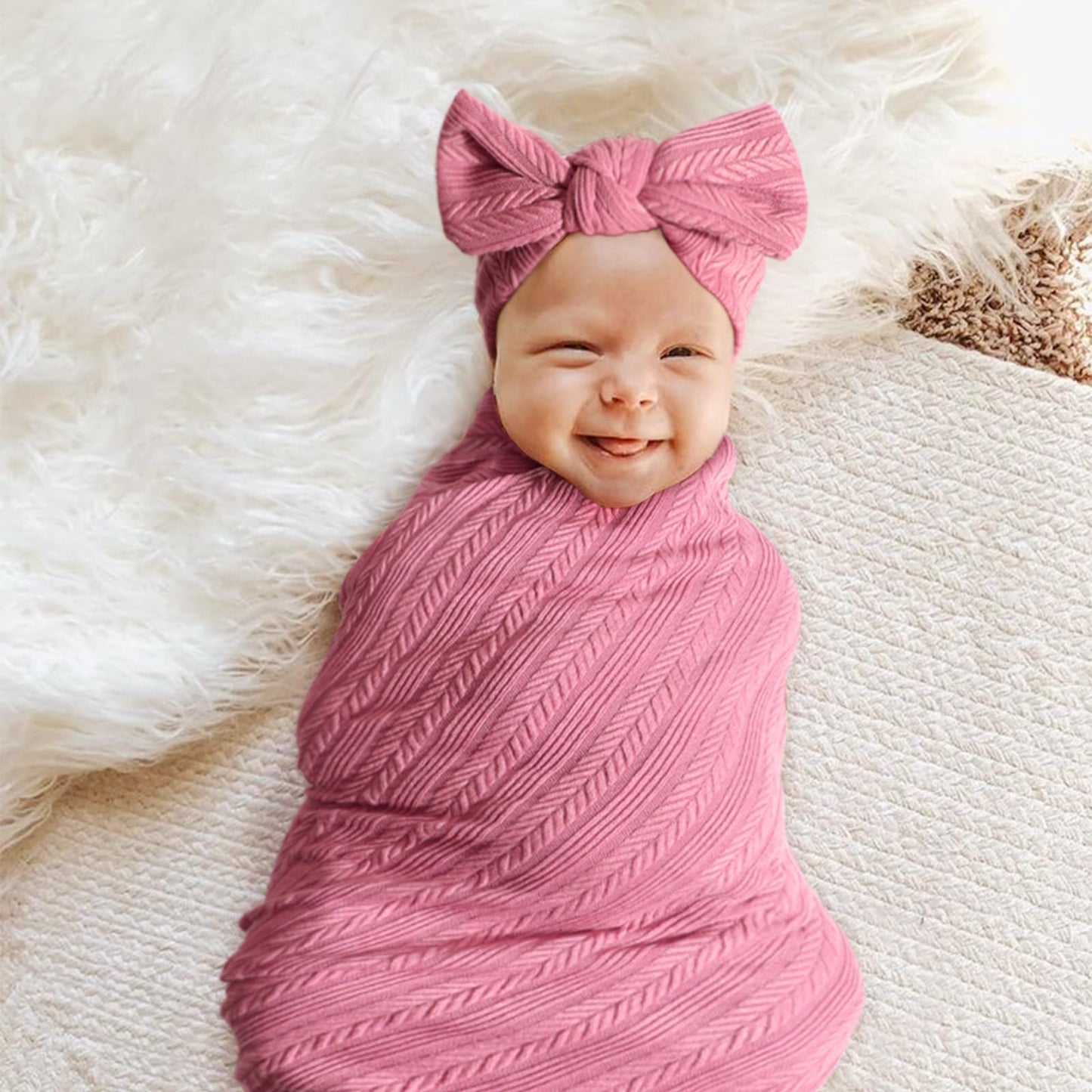 DRESHOW BQUBO Baby Swaddle Blankets for Girls, 4PCS Newborn Accessories Set with Matching Hat and Bow Headband with Card