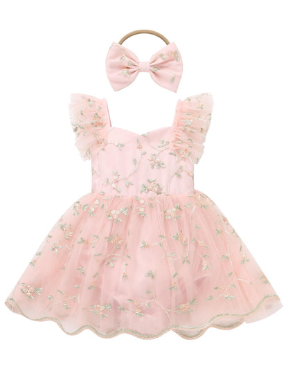 IDOPIP Floral Embroidered Baby Girl Romper Tutu Dress Princess Tulle Jumpsuit Headband Cake Smash 1st Birthday Party Outfit
