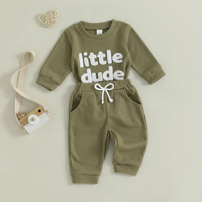 Douhoow Baby Boy Clothes Letters Embroidered Baby Sweatshirt Romper Waffle Pants Set Infant Boy Fall Winter Outfits