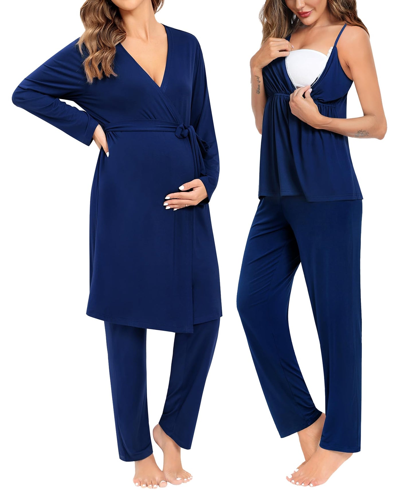 SWOMOG Maternity Nursing Robe Set 3 Piece Breastfeeding Pajamas 3 in 1 Labor Delivery Sleevless Tops&Long Pants Pregnancy Pjs