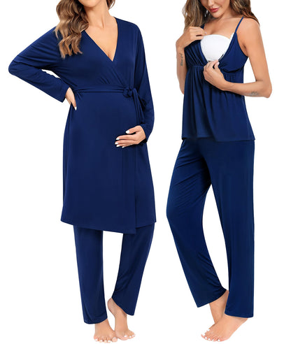 SWOMOG Maternity Nursing Robe Set 3 Piece Breastfeeding Pajamas 3 in 1 Labor Delivery Sleevless Tops&Long Pants Pregnancy Pjs