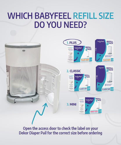Babyfeel Refills for DEKOR PLUS Diaper Pails, 8 Pack, Exclusive 30% Extra Thickness, Fresh Powder Scent, Holds up to 4640 Diapers